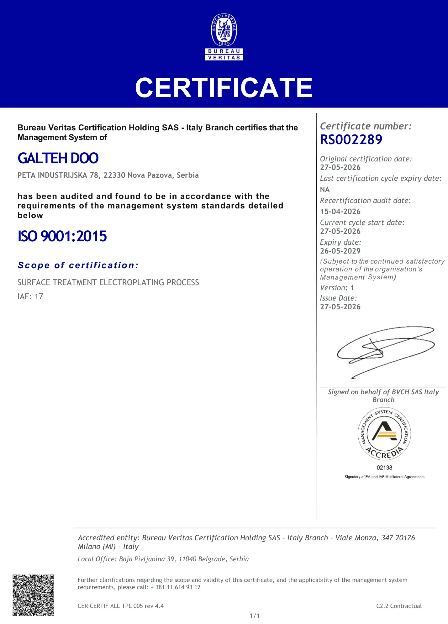 ISO 9001:2015 certificate for GALTEH DOO in English, Bureau Veritas, number RS002289