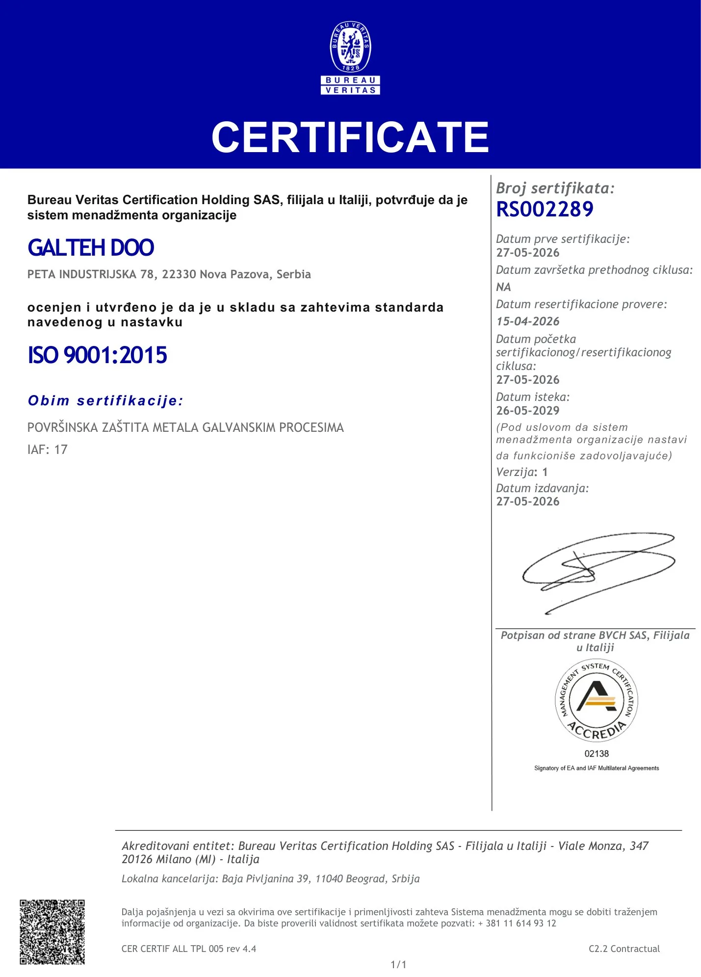 ISO 9001:2015 sertifikat GALTEH DOO na srpskom, Bureau Veritas, broj RS002289